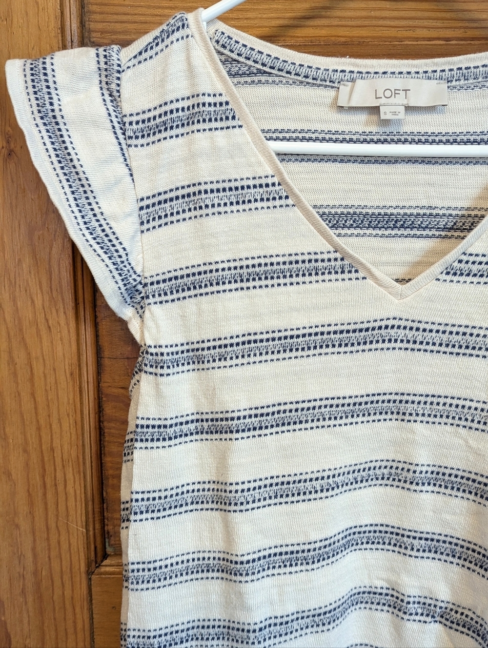 LOFT Cream and Navy Striped V-Neck 100% Cotton Flutter Sleeve Mini Dress - Small - Picture 3 of 6